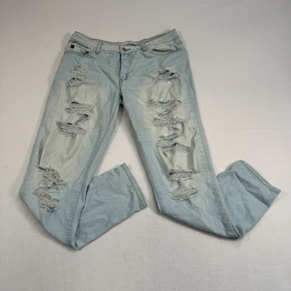 Kancan Straight Leg Jeans Womens Size 11/29 Light Wash Mid Rise Distressed - Picture 1 of 13